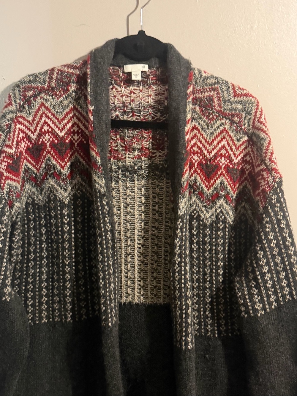 J. Jill Women's Gray and Burgundy Fair Isle Open Front Knit Cardigan Sweater - Picture 4 of 13